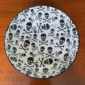 Halloween Bowl Skull & Crossbones Ceramic Black White Medium Size